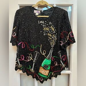 Vintage Laurence Kazar Silk Beaded Blouse Y2K 2000s Millennium New Years Size 1X